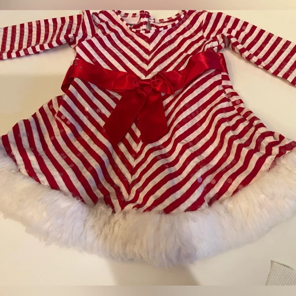 CHRISTMAS BOBBIE BABY DRESS SIZE 18 MONTHS RED/WHITE DIAGONAL STRIPES